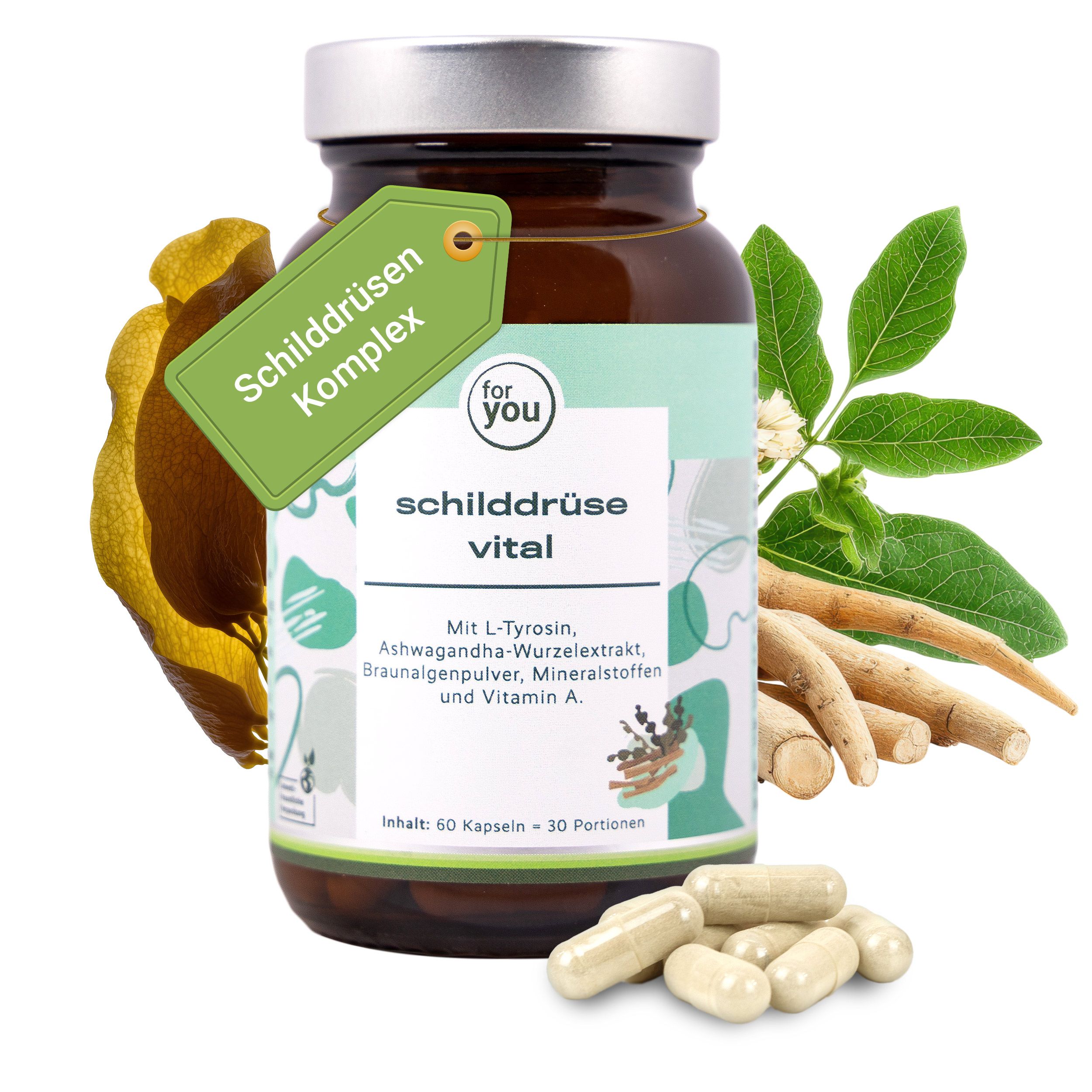 Glasflasche mit Schilddrüse Vital Kapseln, umgeben von Heilpflanzen und Wurzeln.