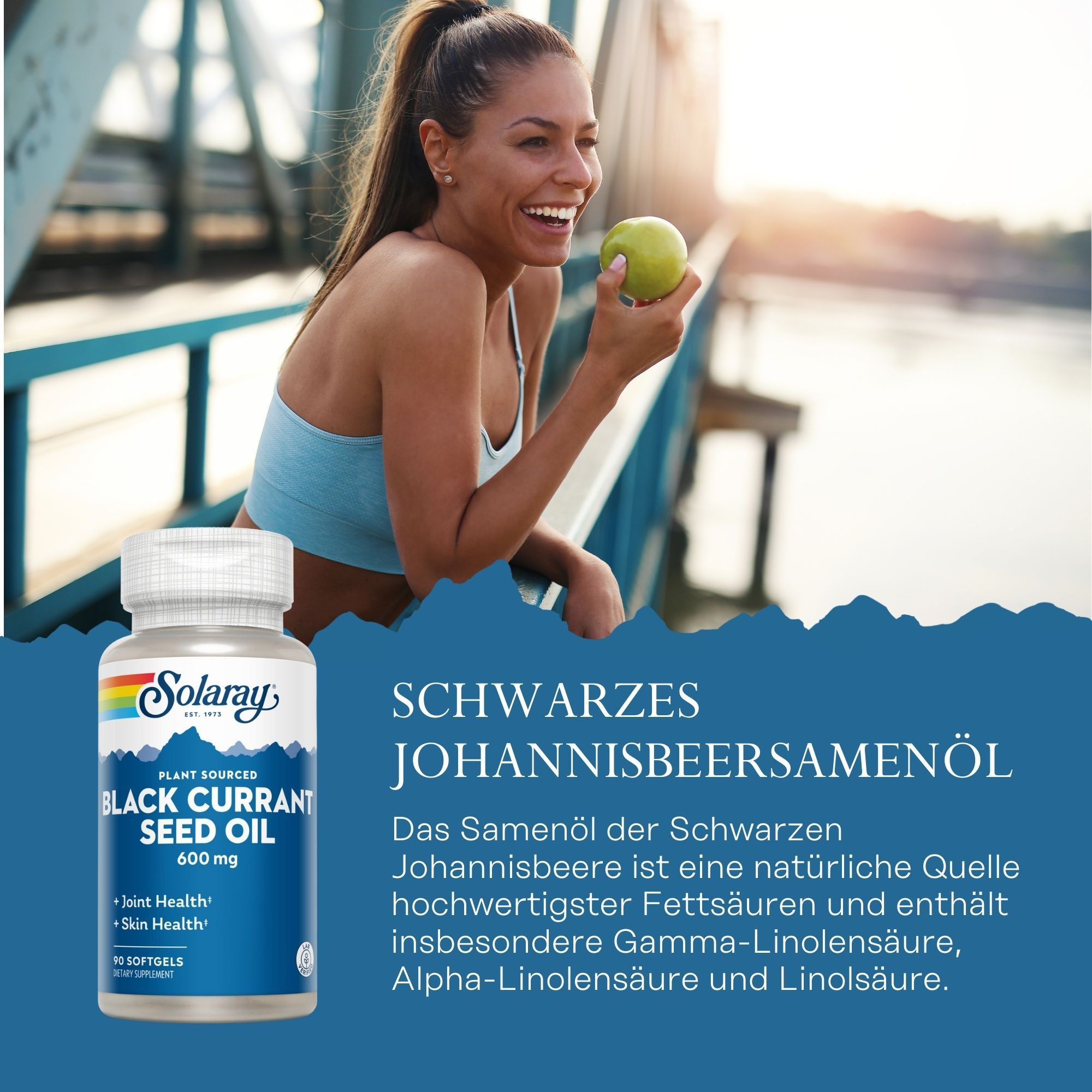 Solaray Schwarzes Johannisbeersamenöl, Flasche. Frau mit Apfel. Text: Joint Health, Skin Health. 90 Softgels.