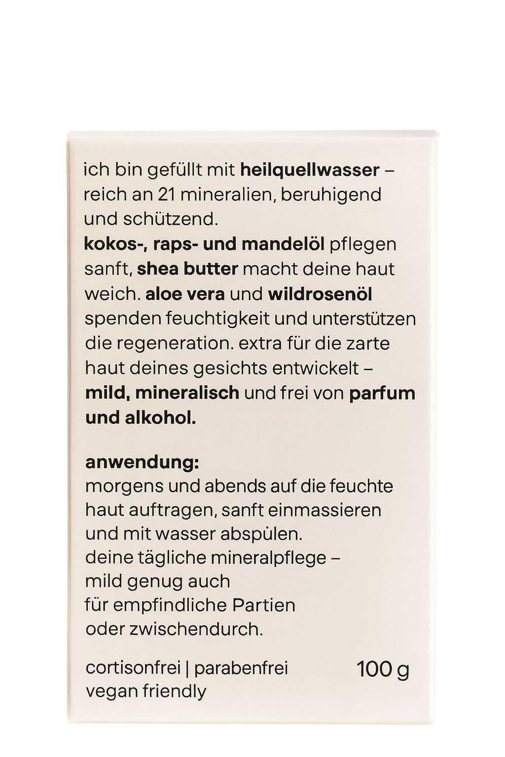 Produktverpackung mit Text. Enthält Inhaltsstoffe wie Kokos-, Raps- und Mandelöl, Sheabutter, Aloe Vera und Wildrosenöl. Frei von Parfum und Alkohol.