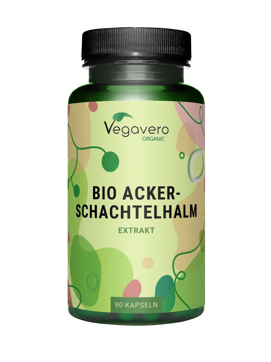 Grüne Flasche mit schwarzen Deckel. Aufschrift: BIO ACKER-SCHACHTELHALM EXTRAKT. 90 Kapseln. Vegavaro Organic Logo.