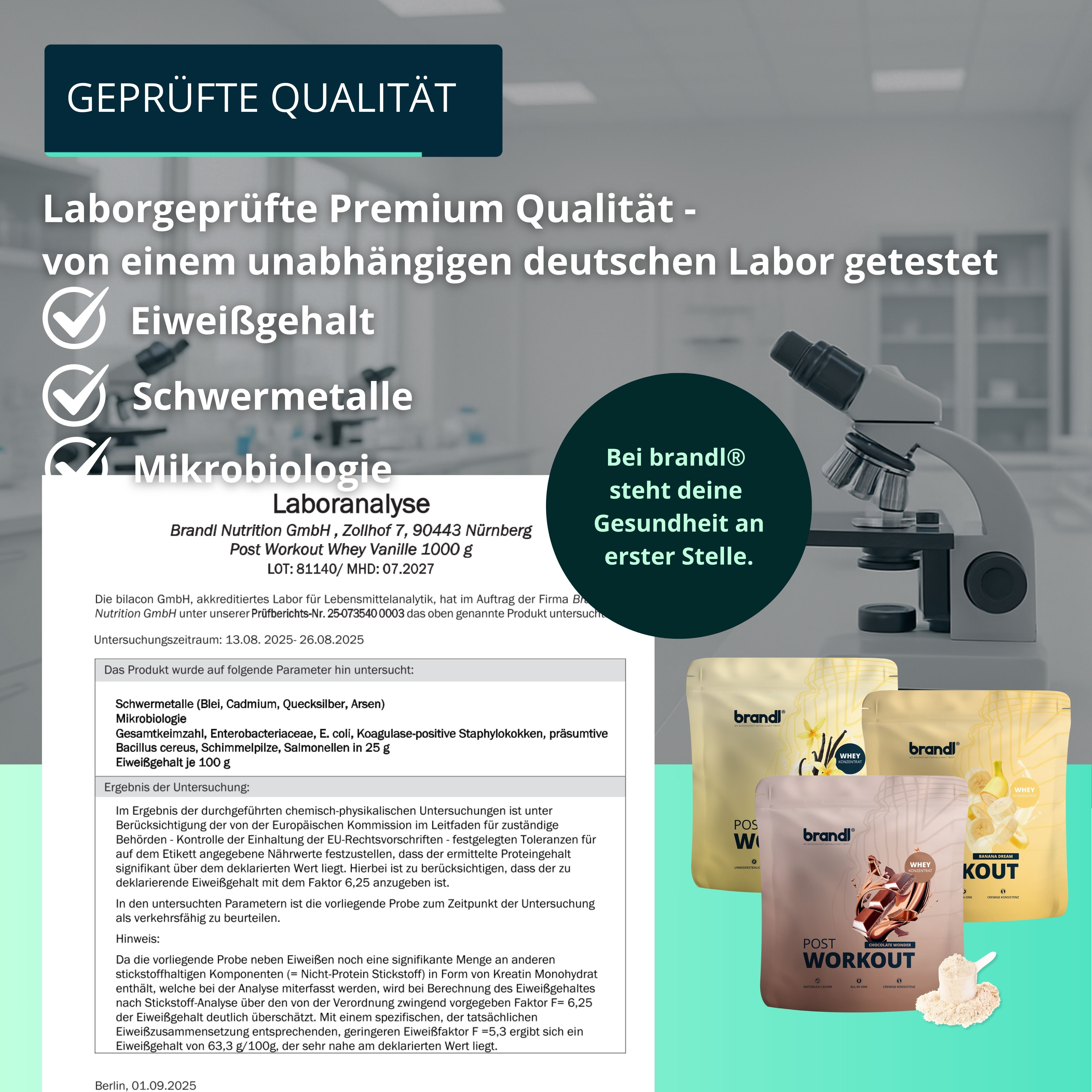Mikroskop, Laborbericht, Beutel brandl® Protein-Pulver. Text: Laborgeprüfte Premium Qualität. Eiwweißgehalt, Schwermetalle, Mikrobiologie.