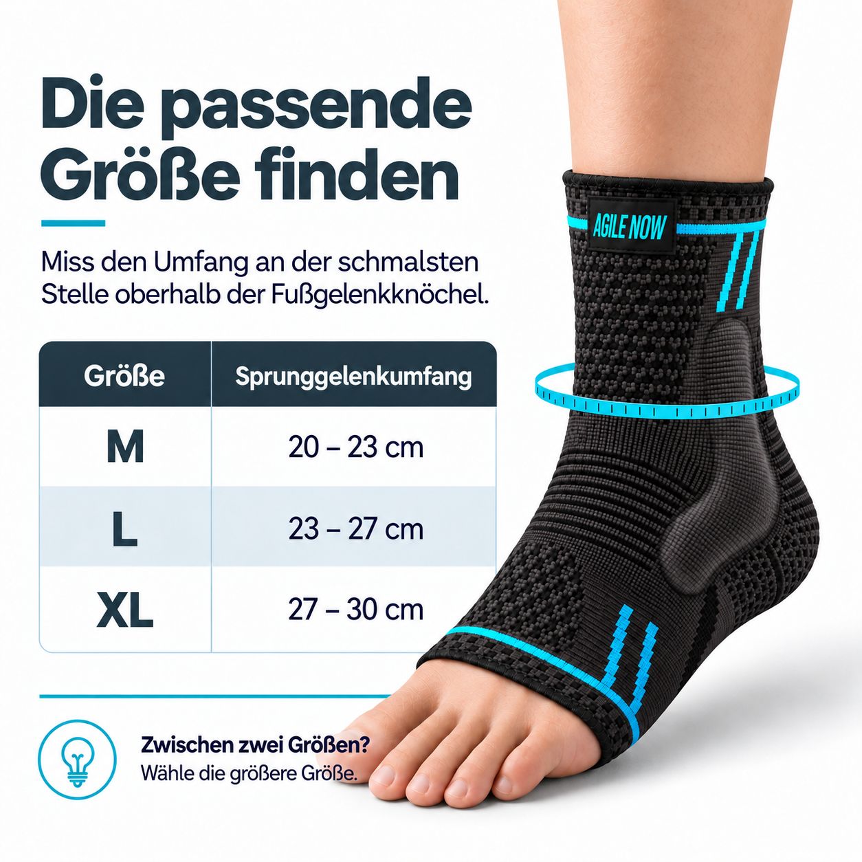 Größentabelle für Sprunggelenkbandagen: M (20-23cm), L (23-27cm), XL (27-30cm).