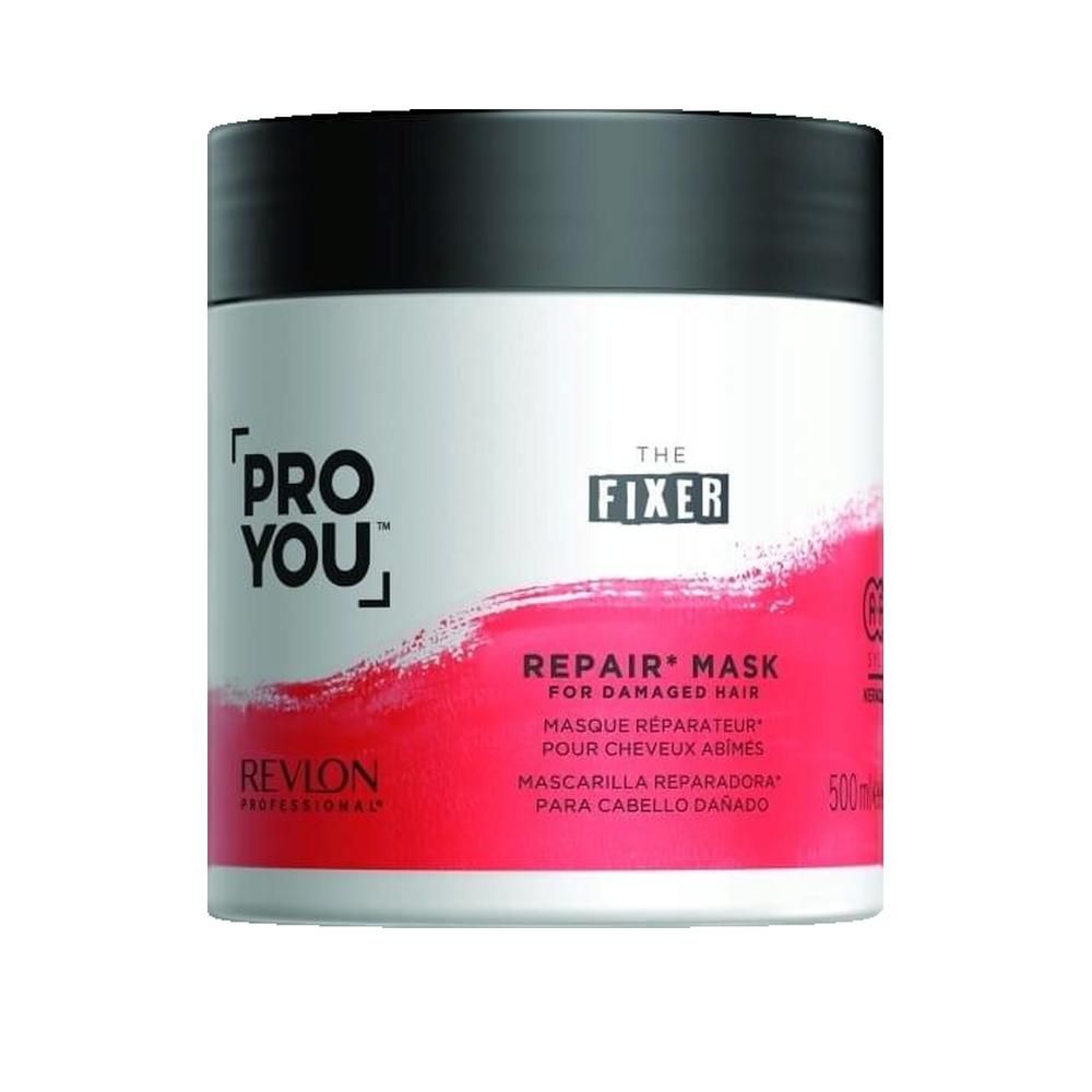 Weißer Tiegel mit schwarzem Deckel. Aufschrift: Pro You, The Fixer, Repair Mask. Roter Farbverlauf. Revlon Professional.