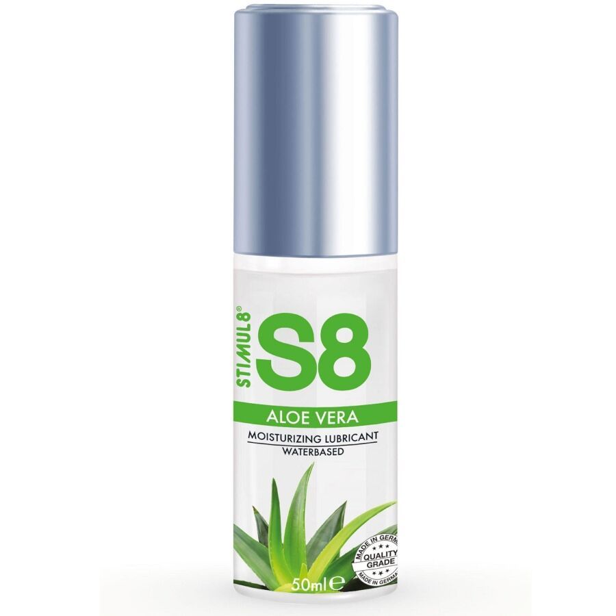 Stimul8 S8 Aloe Vera Gleitgel, 50ml Flasche mit silbernem Verschluss. Wasserbasiertes Gleitmittel mit Aloe Vera.