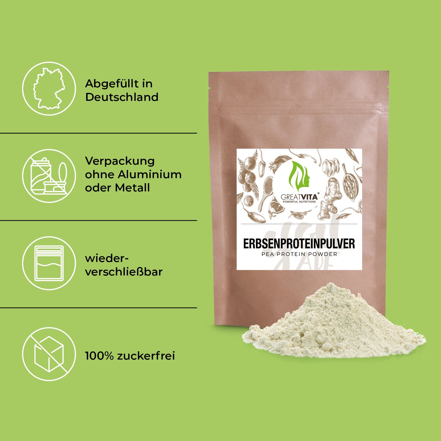Beutel mit Erbsenprotein-Pulver und Pulverhaufen. Aufdruck: GreatVita, Erbsenprotein Pulver. Text: 100% zuckerfrei.