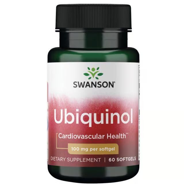 Grüne Flasche mit Ubiquinol 100 mg Softgel-Kapseln von Swanson. Enthält 60 Softgels.
