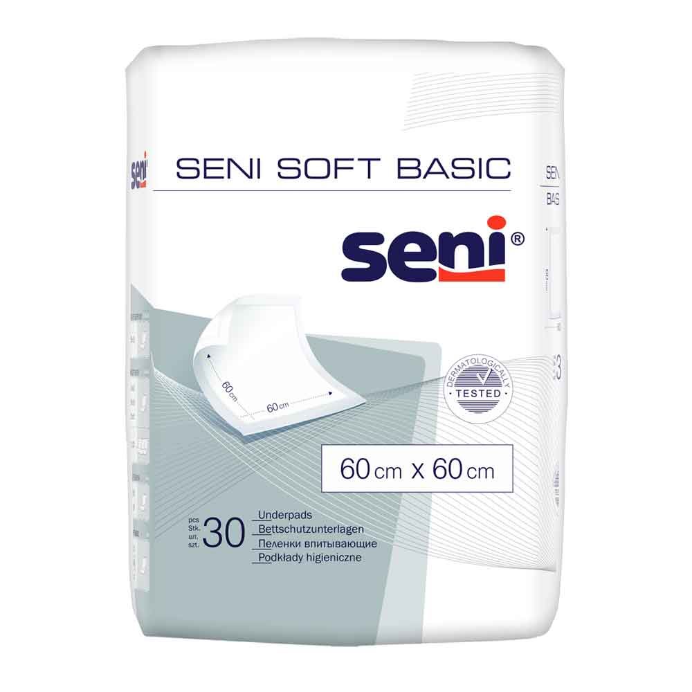 Verpackung Seni Soft Basic. Weiße Verpackung mit Produktname, Logo und Größenangabe 60x60 cm. 30 Stück. Mit Qualitätszeichen.