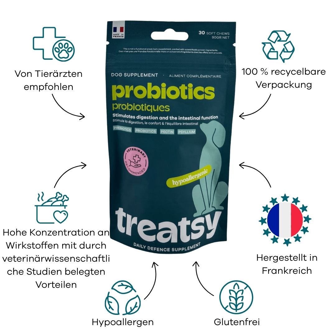 Beutel mit Probiotika für Hunde. 30 weiche Kausnacks. Von Tierärzten empfohlen. Hypoallergen. Glutenfrei. Hergestellt in Frankreich.