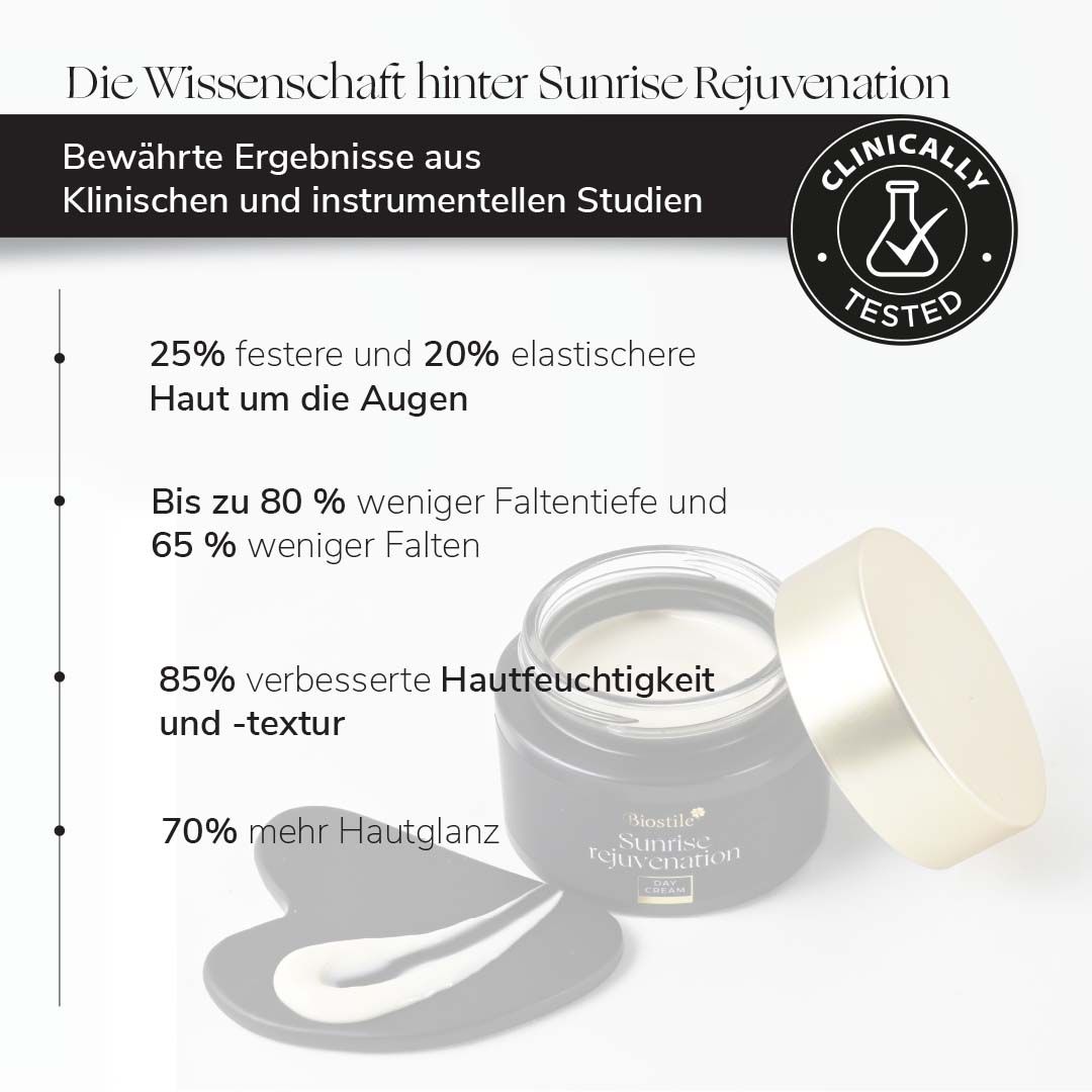 Produkt und Zubehör. Tiegel mit goldenem Deckel, Spatel. Text: klinisch getestete Ergebnisse, weniger Falten.