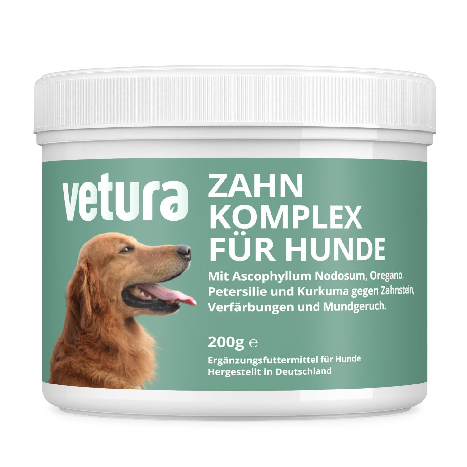 Weißes Gefäß mit grünem Etikett. Aufschrift: Vetura Zahnpflege-Komplex für Hunde. Abbildung eines Hundes.