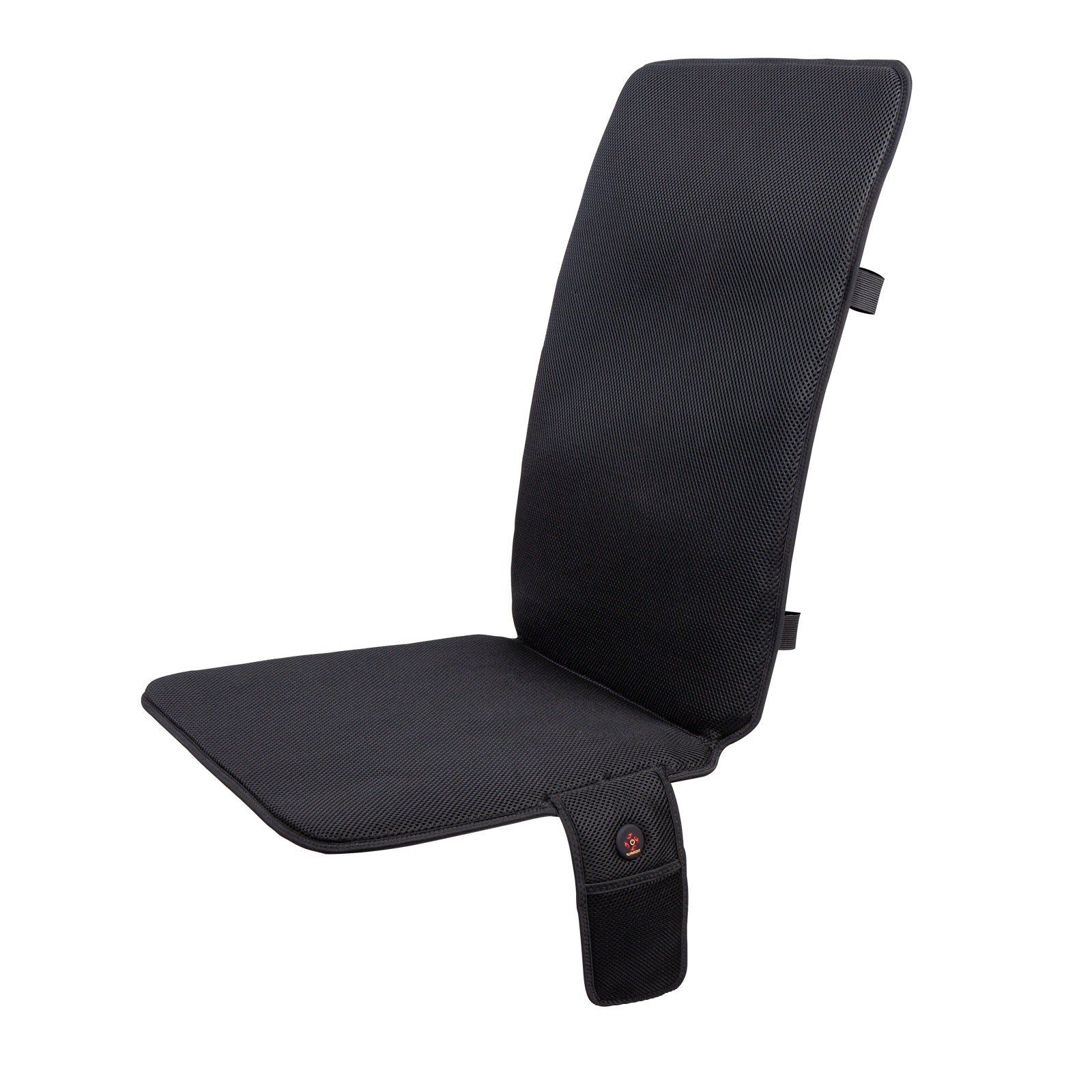 Schwarze Sitzauflage. Sichtbare Merkmale: Rückenlehne, Sitzfläche, Bedienfeld mit Tasche.