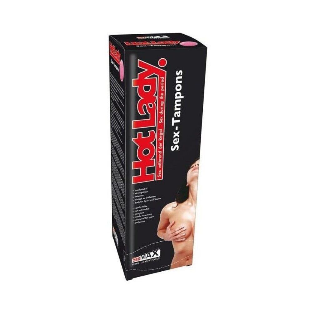 Verpackung JOYDIVISION SexMAX Hot Lady Sex-Tampons, schräge Ansicht.