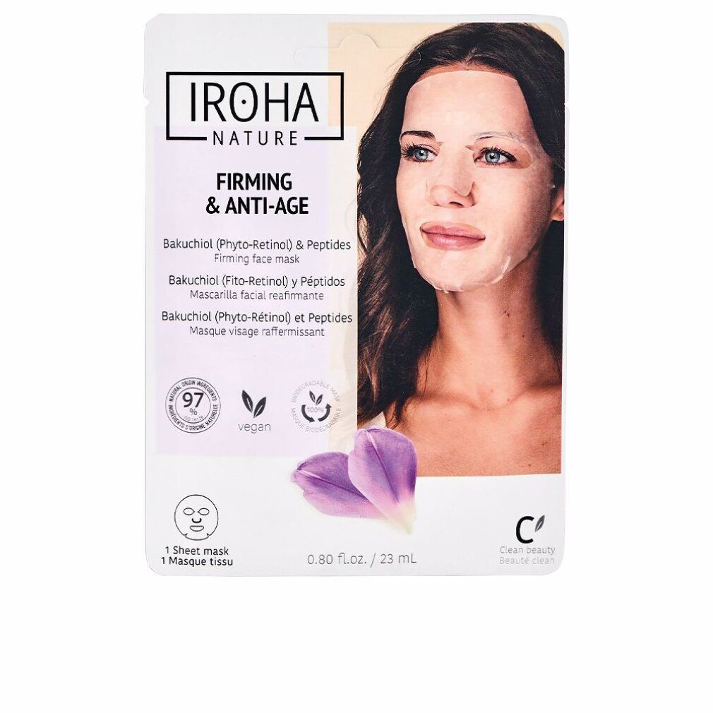 Gesichtsmaske auf einer Frau. Verpackung mit Iroha Nature, Firming & Anti-Age, Bakuchiol & Peptides. Vegan-Siegel.