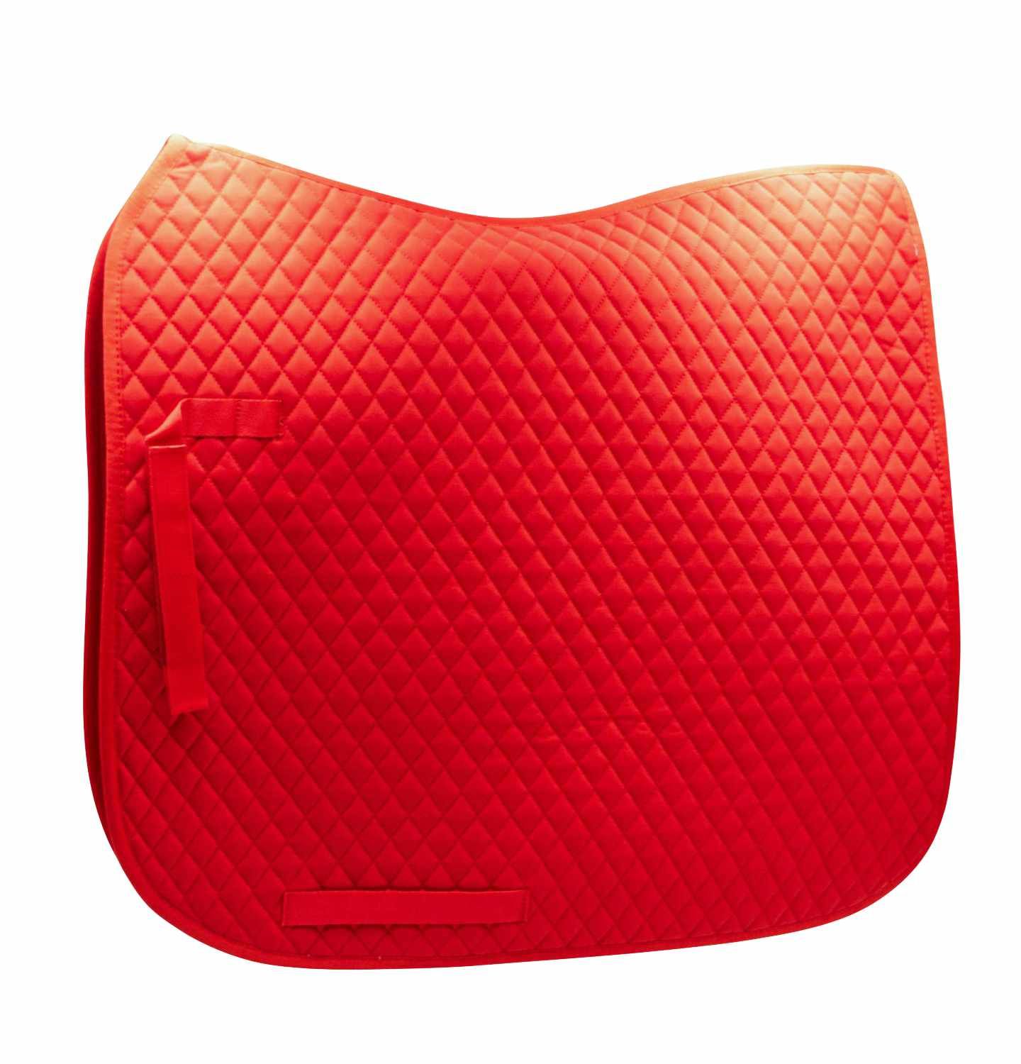 Rote Sattelunterlage mit Steppung. Schlaufen und Klettverschluss. Quadratisches Muster. Rechteckige Form.