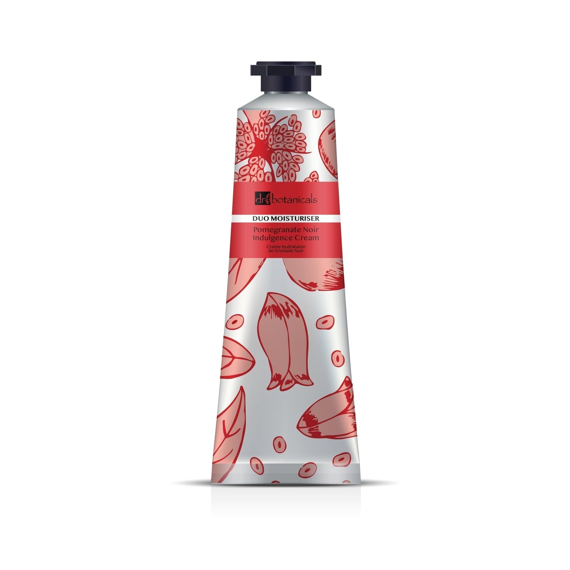 Creme-Tube mit floralem Muster und Produktbezeichnung. Schwarzer Verschluss. Roter Streifen mit Produktnamen.