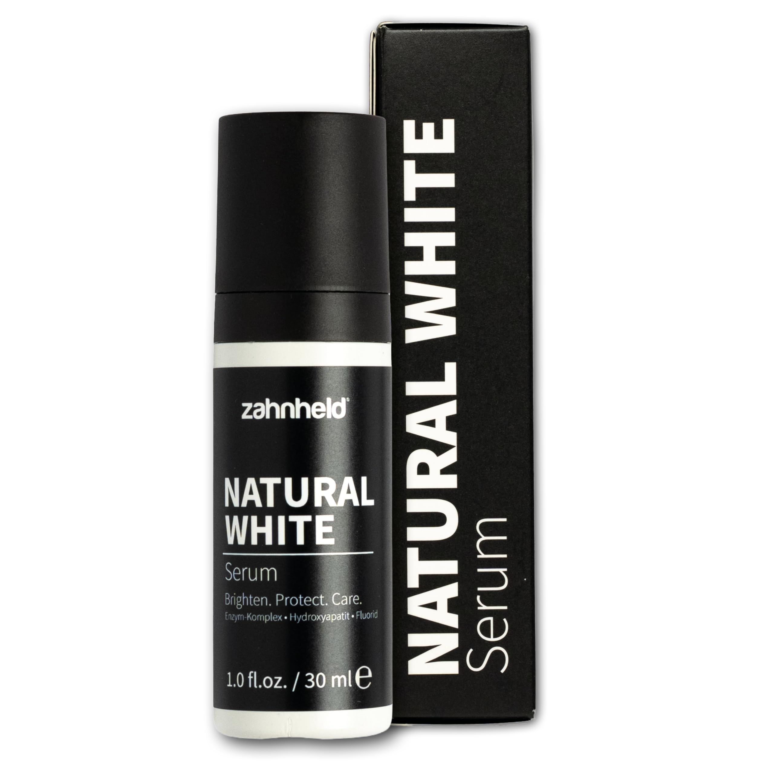 Zahnheld Natural White Serum Flasche und Karton.