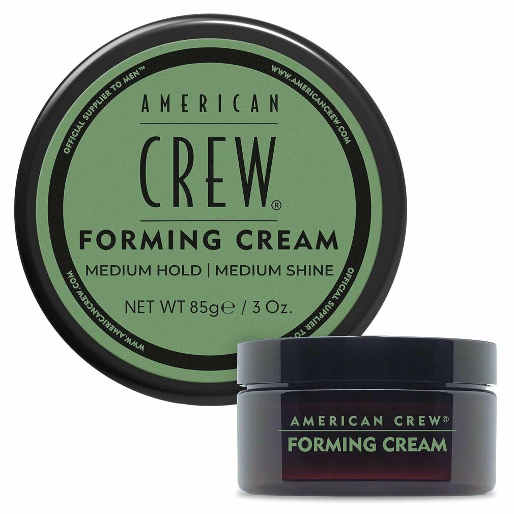 Zwei Dosen. Eine große, runde Dose und eine kleine, rechteckige Dose. Beide mit schwarzem Deckel und grünen Etiketten. Produktname: Forming Cream.