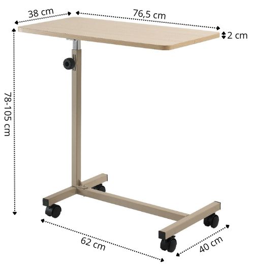 Betttisch mit rechteckiger Tischplatte, höhenverstellbar, auf Rollen. Abmessungen: 76,5 x 38 x 2 cm, Höhe 78-105 cm.