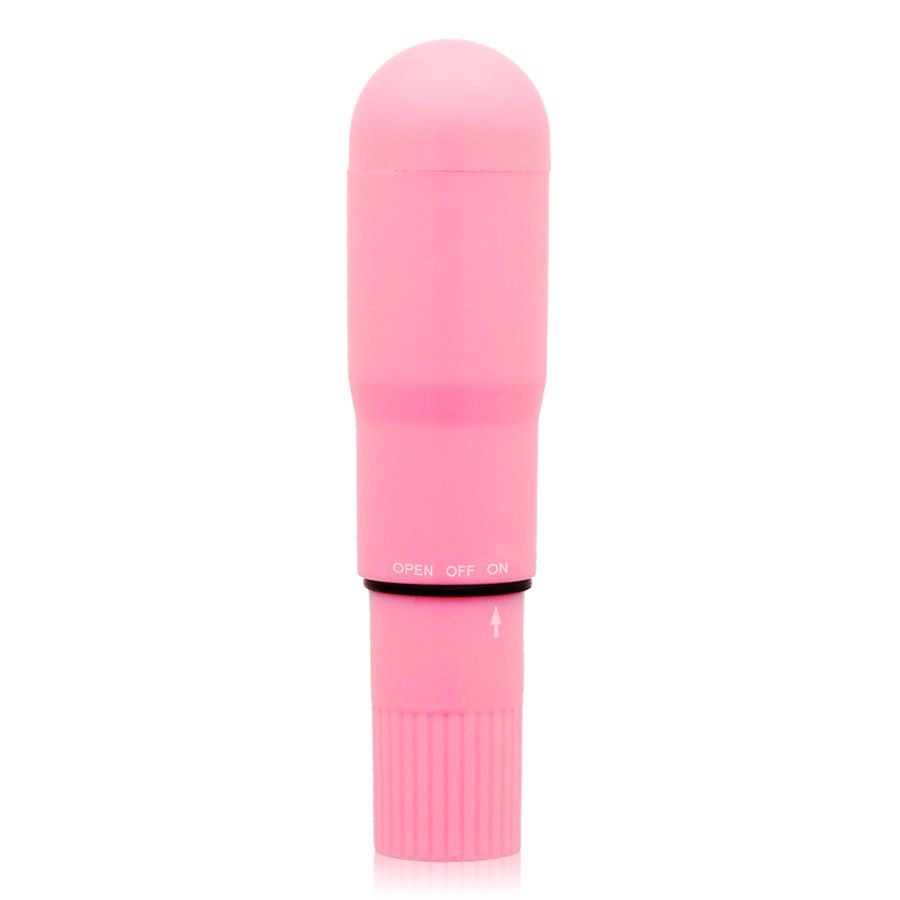 Rosa Vibrator. Zylindrische Form mit abgerundeter Spitze und geriffelter Basis. Ein/Aus-Schalter. Pfeil-Markierung.