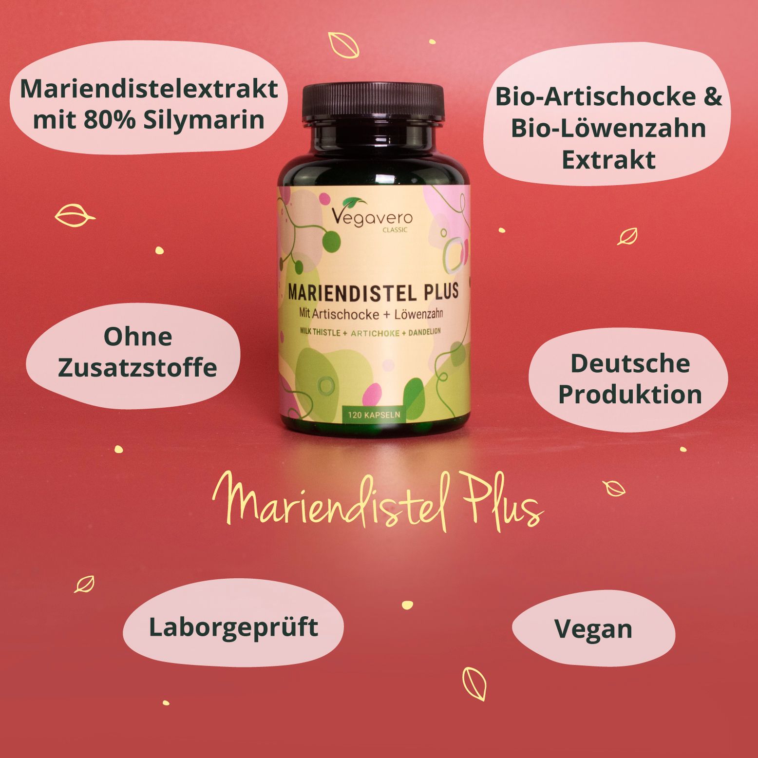 Flasche mit Kapseln, umgeben von Text. Aufschrift: Mariendistel Plus, ohne Zusatzstoffe, deutsche Produktion, vegan.