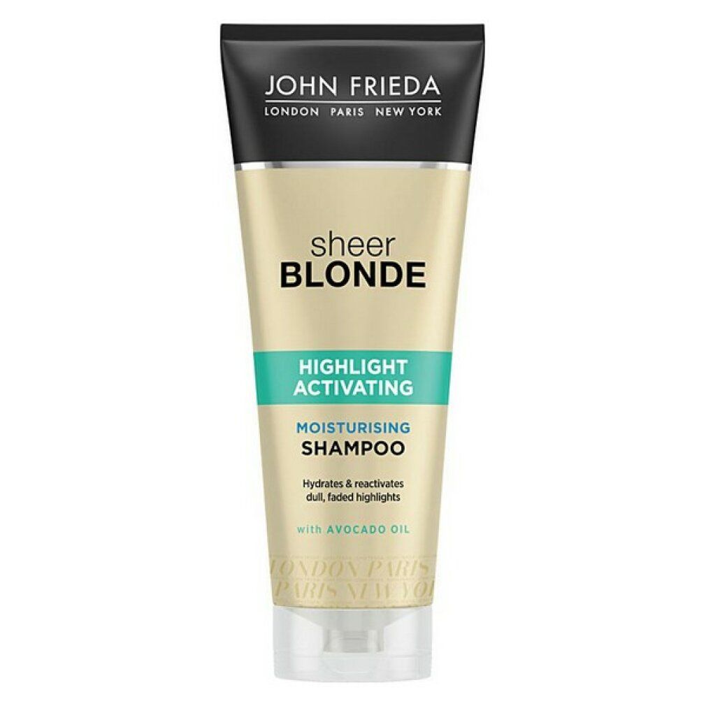 Shampoo-Tube von John Frieda Sheer Blonde. Schwarzer Deckel, goldfarbener Körper, grüne Akzente. Aufschrift: Highlight Activating Moisturising Shampoo.