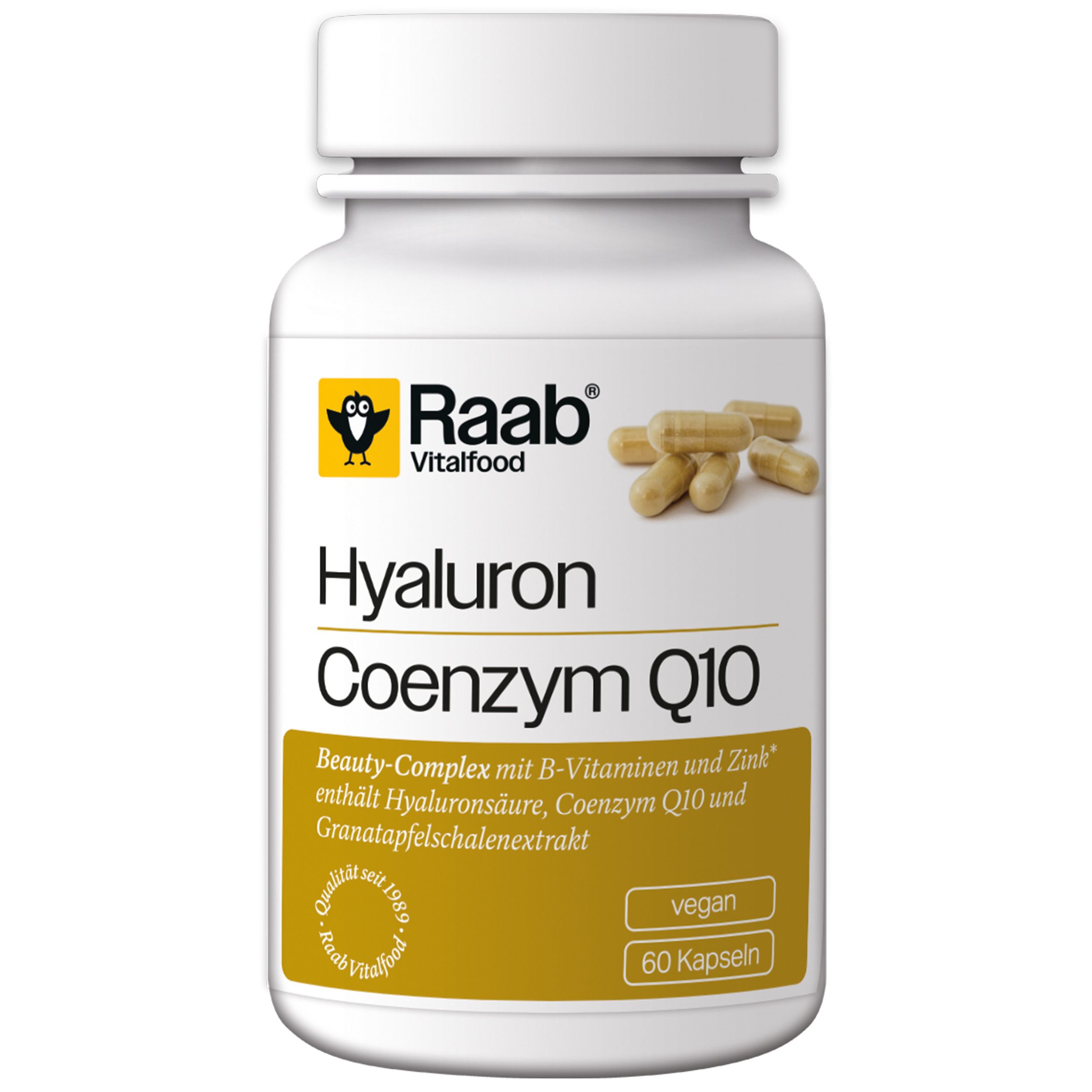 Weiße Flasche mit Kapseln. Aufschrift: Raab Vitalfood, Hyaluron Coenzym Q10. Enthält Hyaluronsäure, Coenzym Q10 und Granatapfelschalenextrakt. 60 Kapseln.