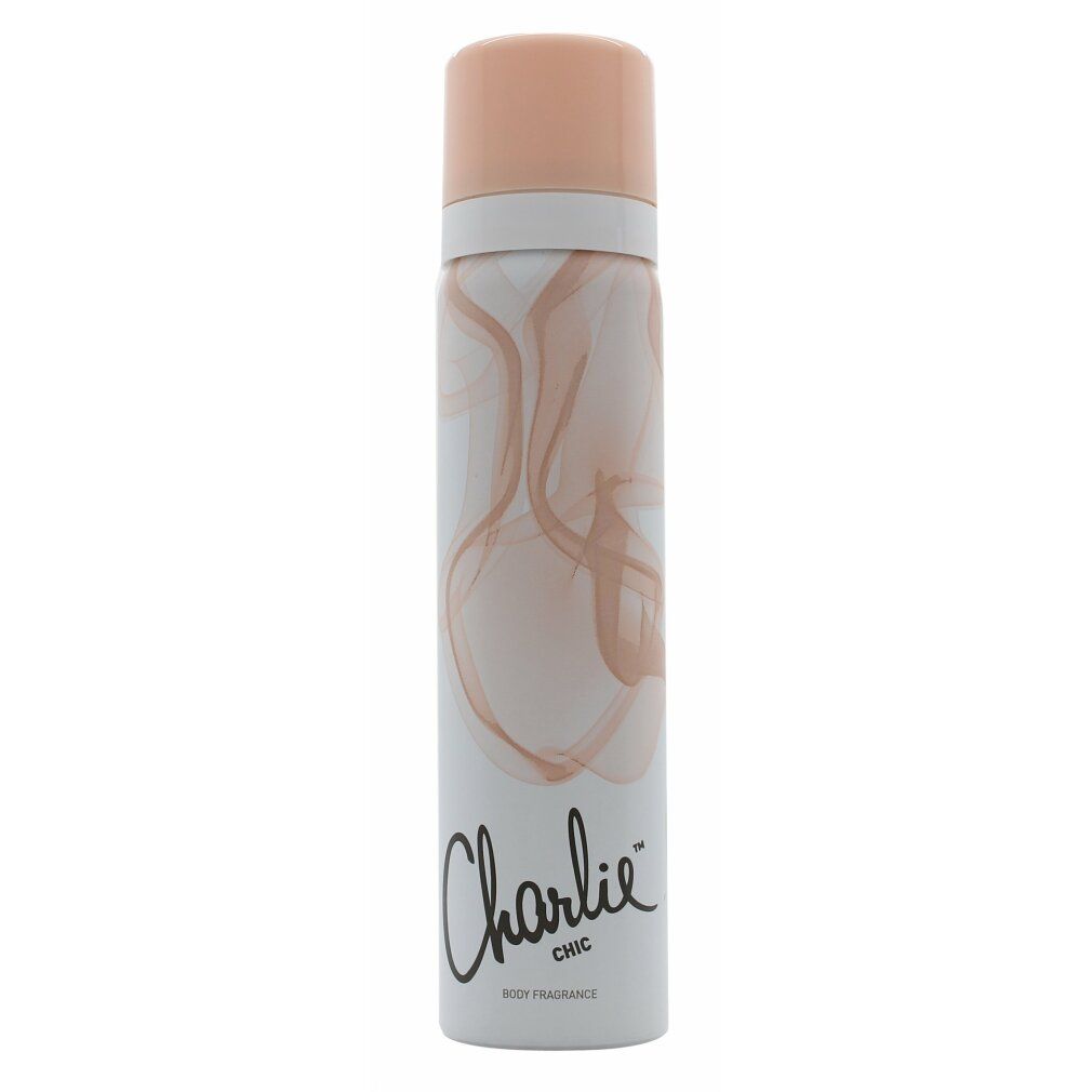 Körper-Spray-Dose, weiß mit rosa Akzenten. Aufschrift "Charlie CHIC". Rosa Deckel. 