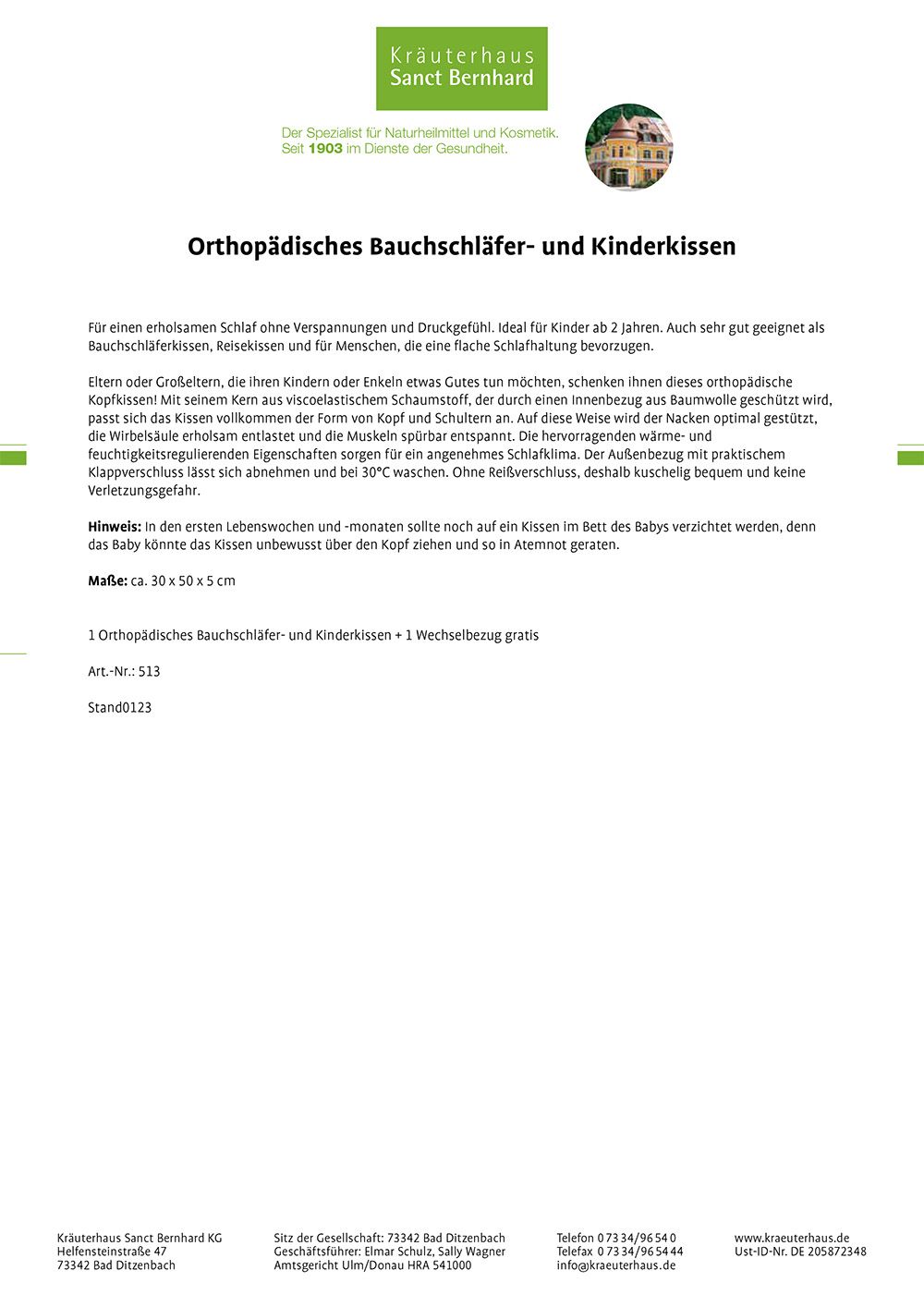 Textdokument mit Produktinformationen. Titel: Orthopädisches Bauchschläfer- und Kinderkissen. Text in deutscher Sprache.