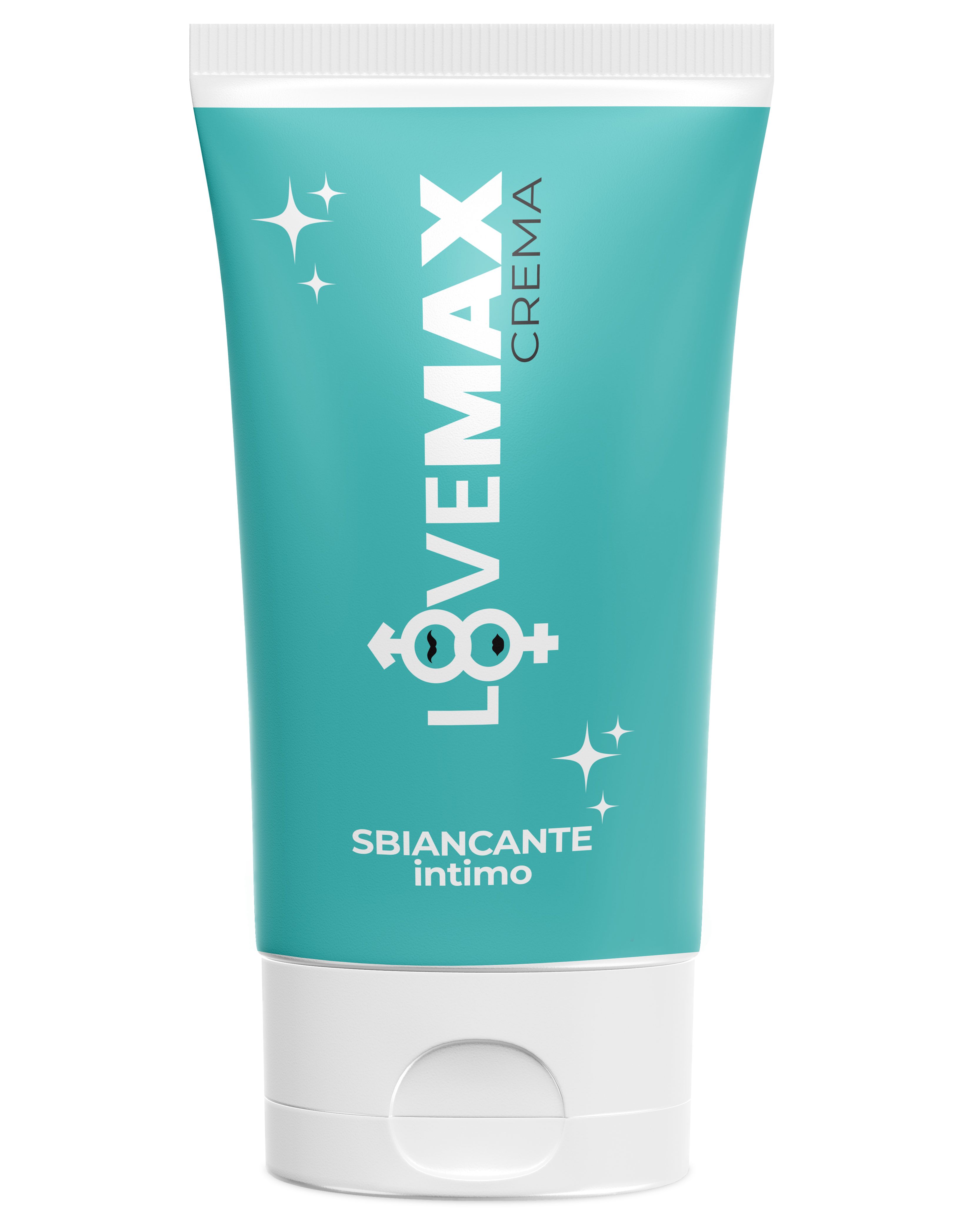 Türkisfarbene Tube mit weißem Deckel. Aufschrift LOVEMAX CREMA, darunter SBINACANTE intimo. Logo mit Symbolen.