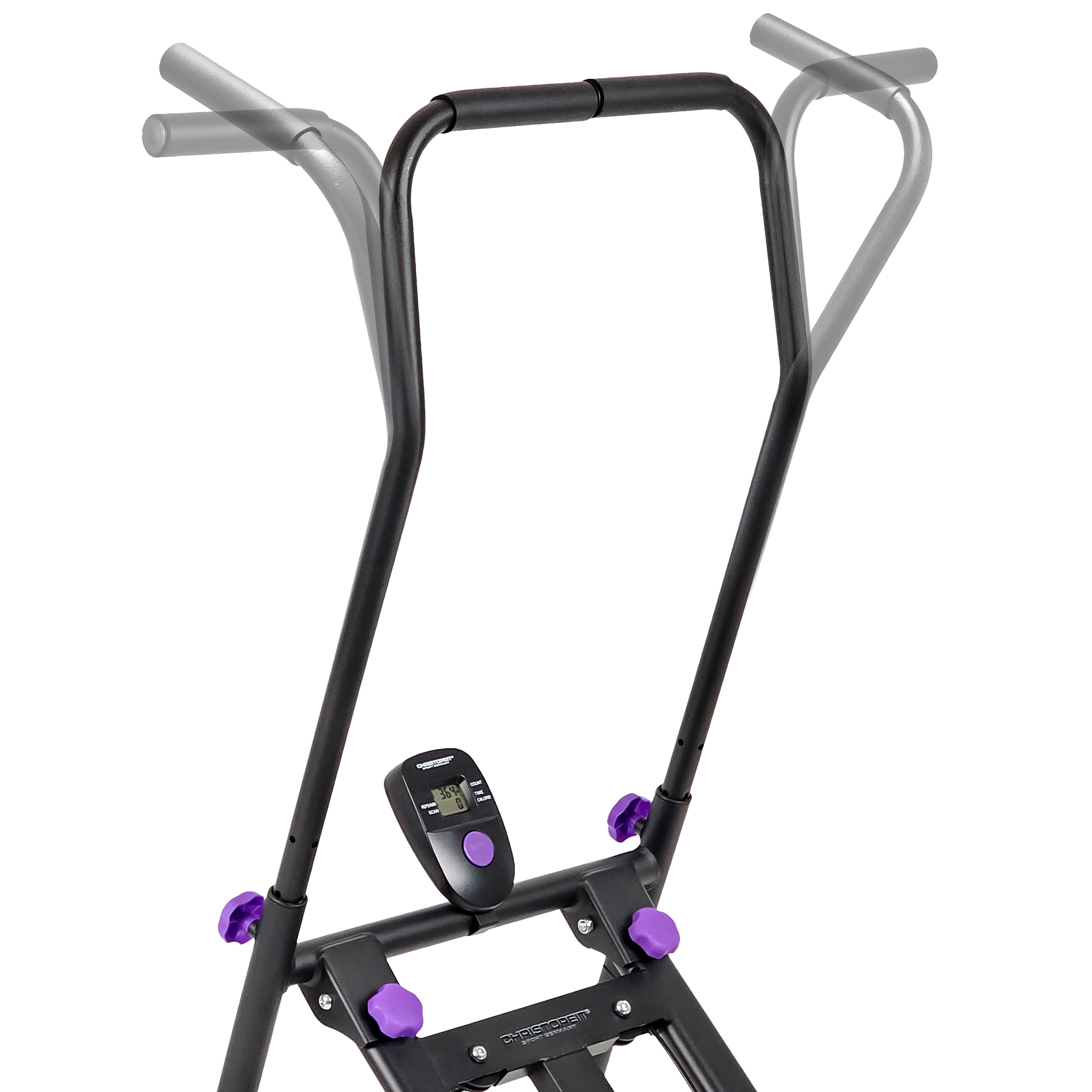 Crosstrainer Climber 1000. Schwarzer Rahmen, lila Akzente. Verstellbare Griffe. Digitales Display.