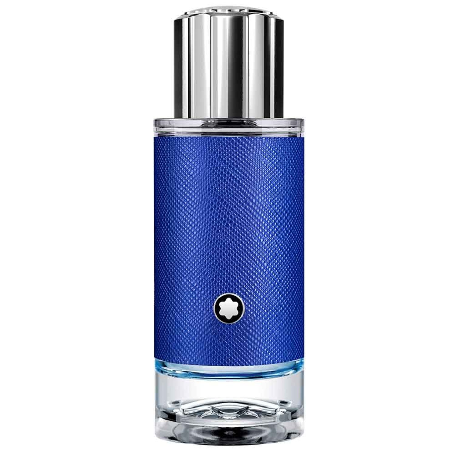 Blauer Flakon mit silbernem Deckel. Montblanc-Logo. Blaue Textur. Glasboden. Eau de Parfum.