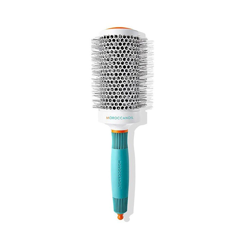 Rundbürste mit weißem, perforiertem Zylinder, blauem Griff und orangefarbenen Akzenten. Moroccanoil-Logo.
