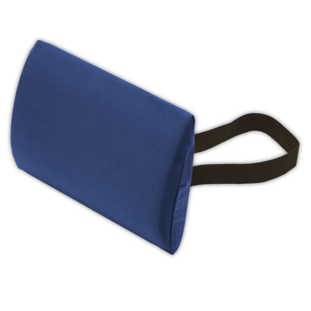 Blaues Lordosekissen mit schwarzem Gurt. Eckige Form, Stoffbezug.
