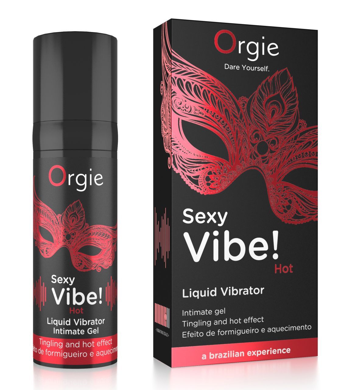 Produkt und Verpackung. Schwarze Flasche und Box mit roter Maske und "Sexy Vibe! Hot". Produkt: Intimate Gel.
