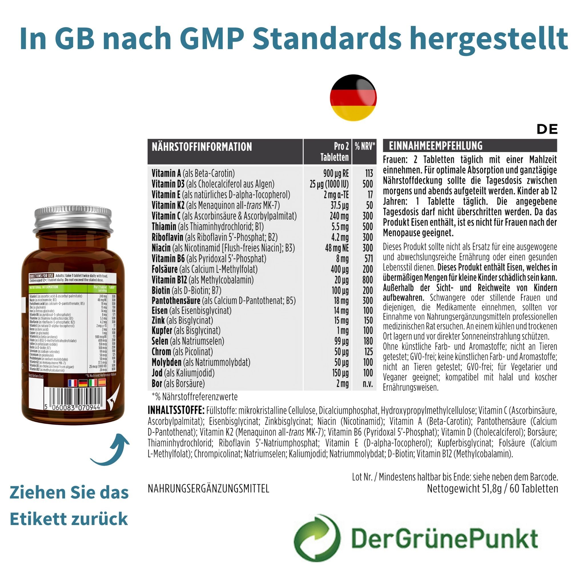 Etikett mit Nährwertangaben und Text. Flasche mit Produktetikett. Text: In GB nach GMP Standards hergestellt. DerGrünePunkt.