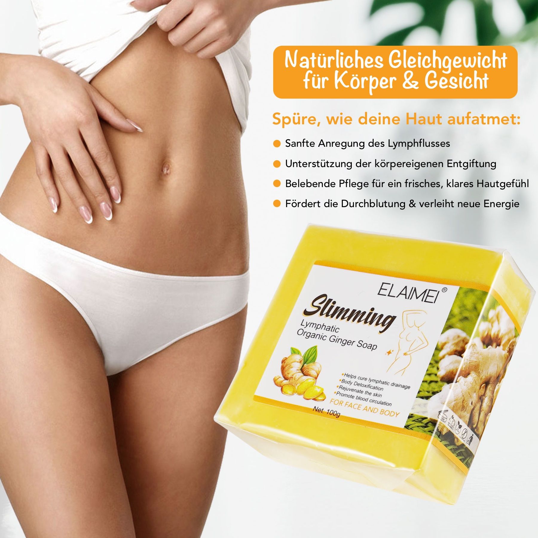 Gelbes Seifenstück und Frau. Aufschrift: Slimming Lymphatic Organic Ginger Soap. Marke: ELAIMEI. Text über Vorteile für Haut und Körper.