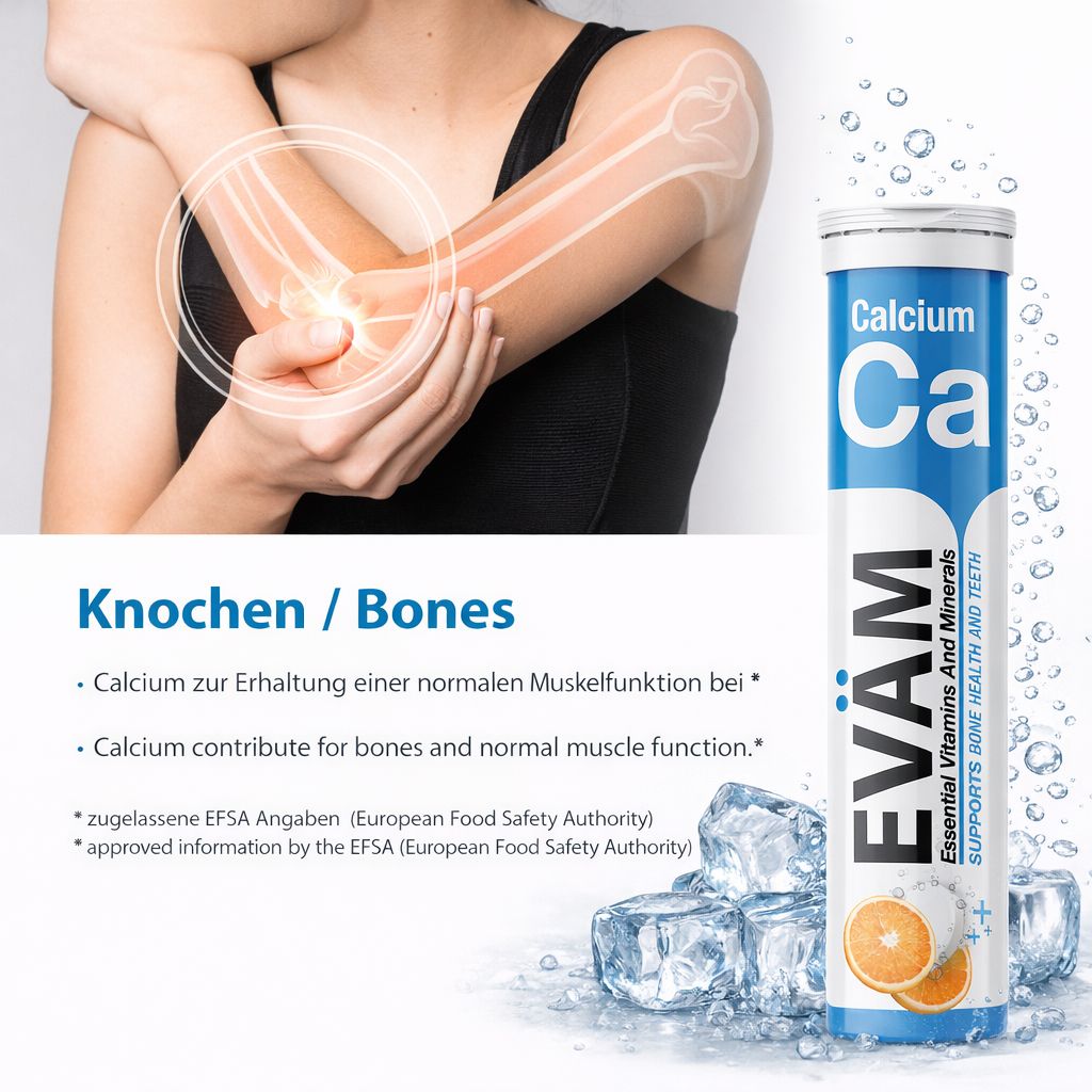 Calcium-Brausetabletten-Tube neben einem Arm. Text: Calcium zur Erhaltung normaler Muskelfunktion. EFSA-Informationen.