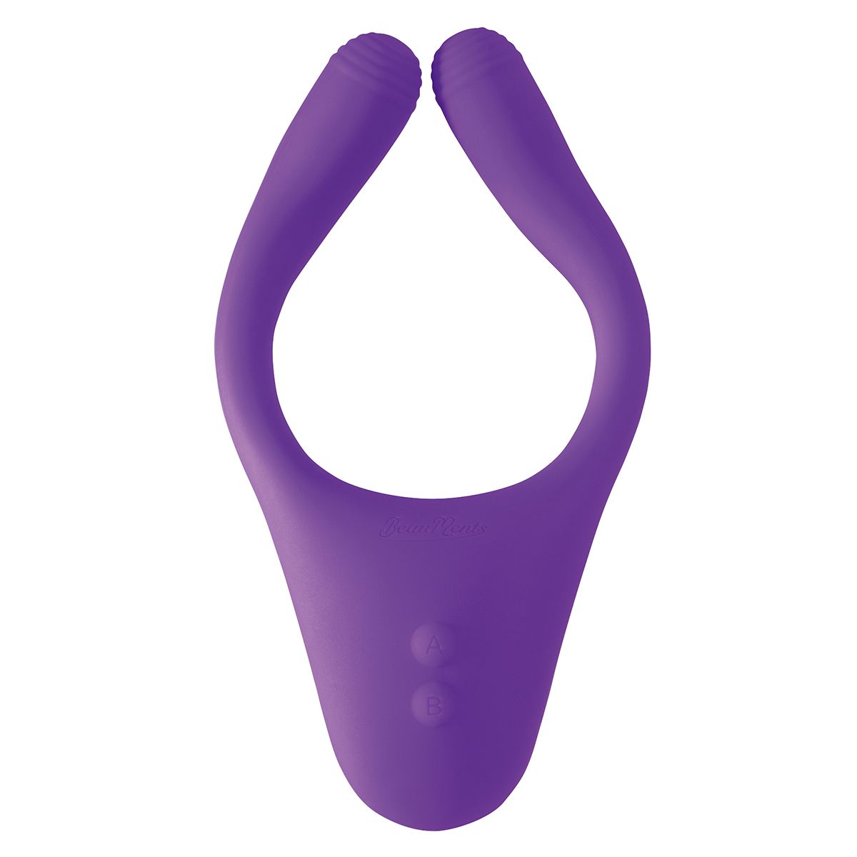 Lila Produkt mit U-Form. Zwei abgerundete Enden. Zwei Knöpfe am unteren Ende.