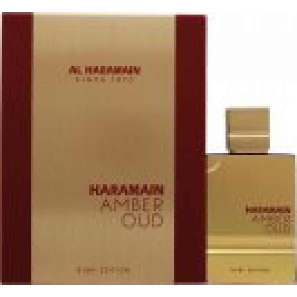 Goldfarbener Flakon und Verpackung. Aufschrift: Al Haramain, Amber Oud Ruby Edition. Eckige Form.