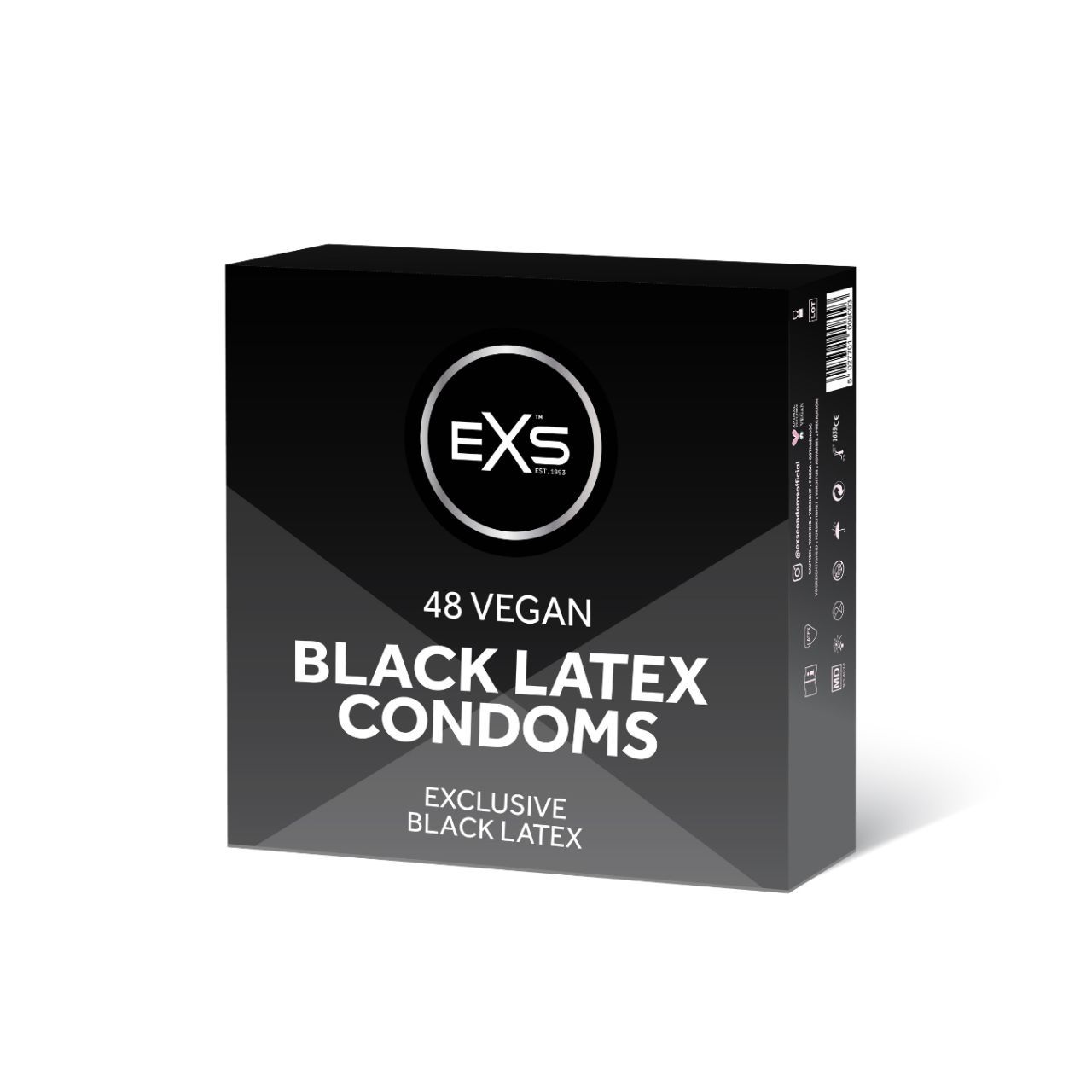 Schwarze Box mit EXS Logo, 48 vegane Black Latex Kondome, exklusiver schwarzer Latex.