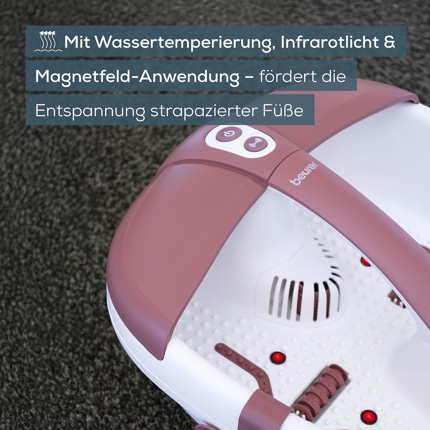 Nahaufnahme des Fußsprudelbads. Weiß-rosa. Text: Wassertemperierung, Infrarotlicht & Magnetfeld-Anwendung.
