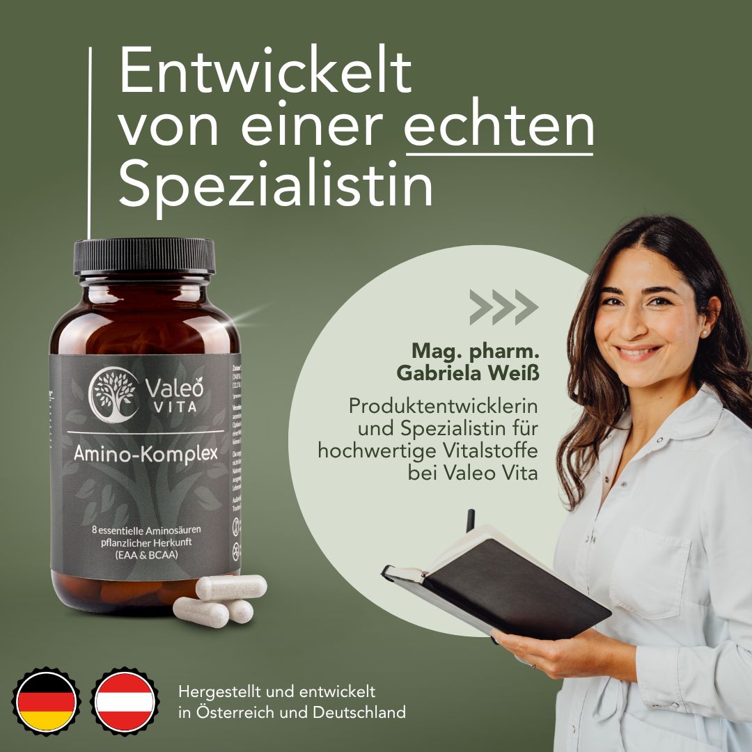 Produktflasche und Kapseln neben einer Frau. Text: Entwickelt von einer echten Spezialistin. Hergestellt in Österreich und Deutschland.