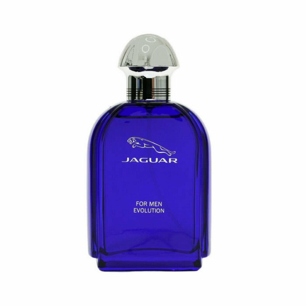 Blaues Eau de Toilette-Spray mit silbernem Deckel. Aufschrift: Jaguar, For Men Evolution.