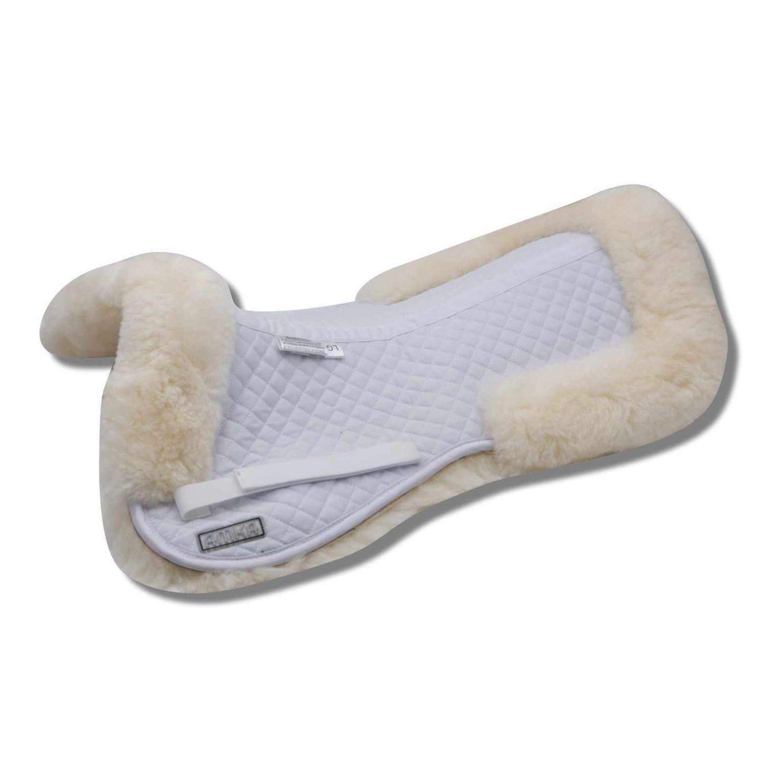 Weißes Sattelkissen mit Lammfell. Gepolsterte Oberfläche mit AMKA-Logo. Kissen mit zwei seitlichen Aussparungen.