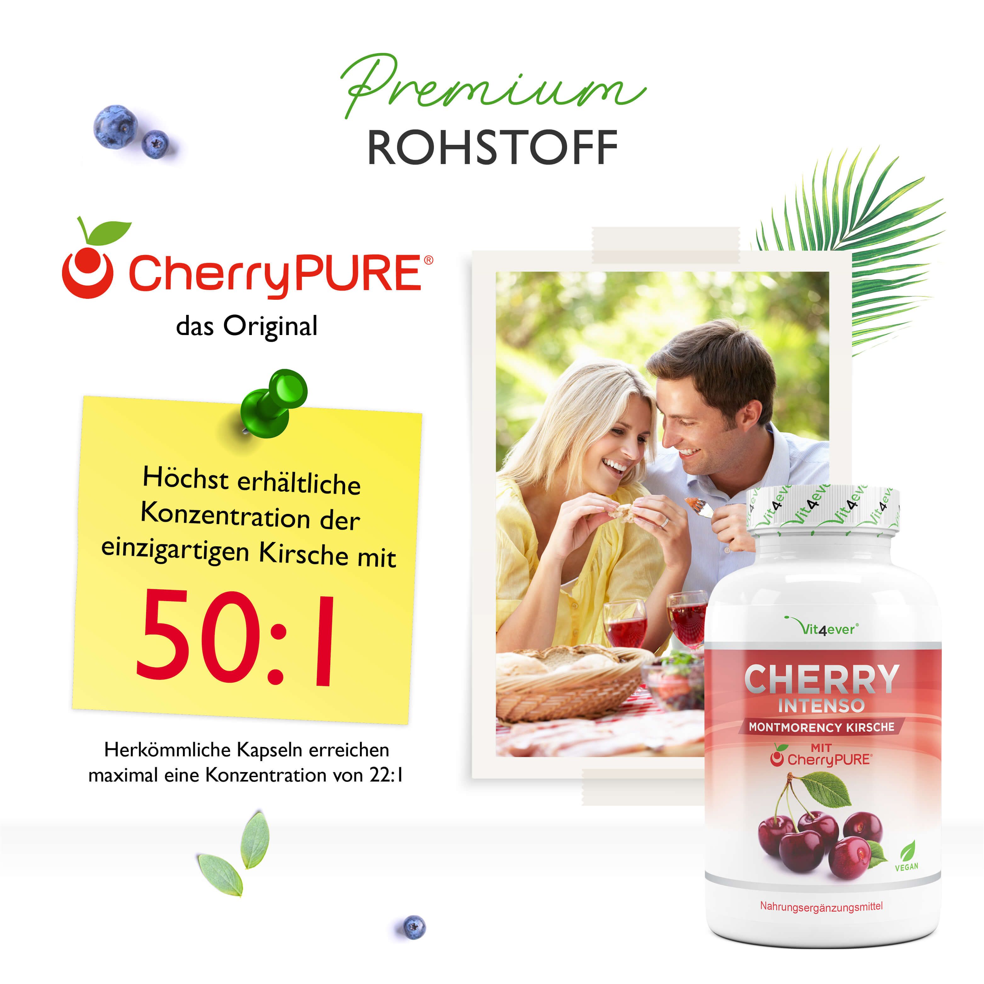 Werbebild mit Flasche Cherry Intenso. Aufkleber: CherryPure, 50:1 Konzentration. Paar trinkt Wein. Premium Rohstoff-Logo.