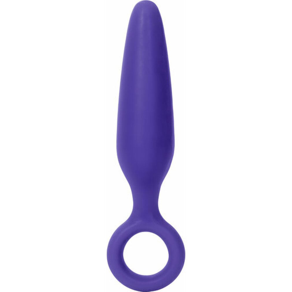 Lila, tropfenförmiger Plug mit einem Ring am Ende.