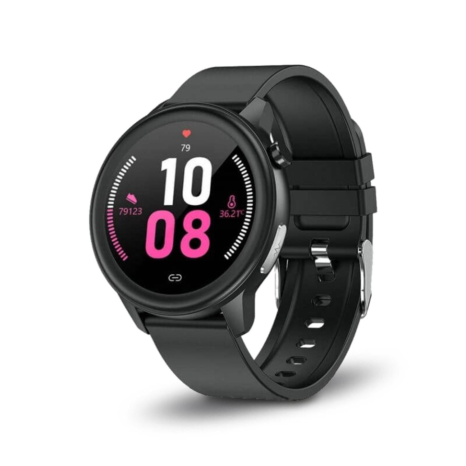 Schwarze Smartwatch mit rundem Display. Zeigt Uhrzeit und Gesundheitsdaten an. Gummiarmband.