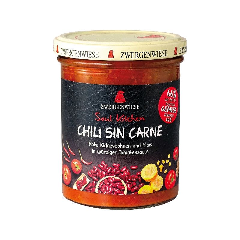 Glas mit Chili sin Carne. Aufschrift: Zwergenwiese, Soul Kitchen, Chili sin Carne. 66% Gemüse. Rote Kidneybohnen und Mais.