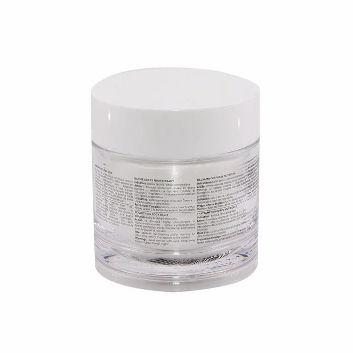 Transparenter Tiegel mit weißem Deckel. Produktetikett mit Text. Aufschrift: Baume Corps Nourrissant.