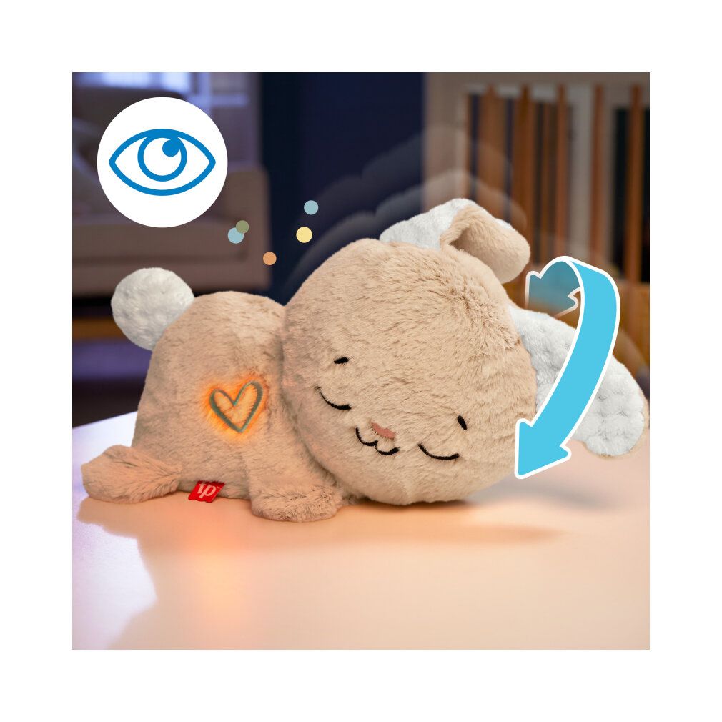 Beiges Schlummer-Häschen mit Herz-Design. Blaue Augen-Symbol und Dreh-Pfeil.